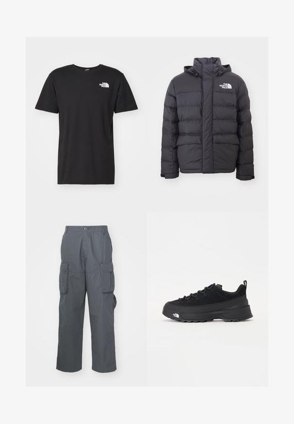 Czarna pikowana kurtka z wysokim kołnierzem i regulowanym kapturem, z logo North Face. Dwie przednie kieszenie o gładkiej teksturze.; The North Face - T-shirt z nadrukiem; Spodnie cargo w ciemnoszarym materiale; posiadają wiele bocznych kieszeni, luźny krój oraz zapięcie na guzik w pasie.; Czarne sneakersy outdoorowe z zamszowym wierzchem, teksturowaną gumową podeszwą i solidnym systemem sznurowania. Posiadają wzmocnioną piętę oraz logo marki na boku.
