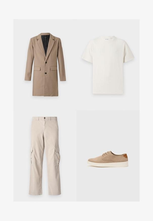 Beige ullblandet frakk med skjortekrage, lange ermer, to frontlommer og to svarte knapper. Innermaterialet er svart.; Hvit T-skjorte med kort erm i ribbestrikket tekstur. Rund hals, avslappet passform, ingen synlige mønstre eller detaljer. Enkelt og allsidig design.; Beige kordfløyels cargo bukser med to sidelommer, knappelukking og vid ben; har vertikal striping.; Beige semskinnsko med rund tå, snøring foran og en teksturert bakre aksent. Hvit gummisåle gir kontrast. Enkelt og moderne design.