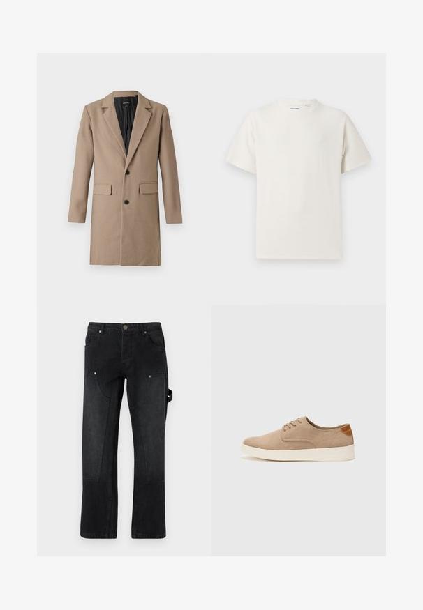 Abrigo de mezcla de lana beige con cuello con muescas, mangas largas, dos bolsillos frontales y dos botones negros. El forro interior es negro.; Camiseta blanca de manga corta en textura acanalada. Cuello redondo, corte relajado, sin patrones ni acentos visibles. Diseño simple y versátil.; Pantalones de mezclilla negra con corte recto, que cuentan con dos bolsillos frontales, costuras visibles y un detalle de tira lateral.; Zapatillas de ante beige con puntera redondeada, cordones en la parte delantera y un acento texturizado en la parte trasera. La suela de goma blanca proporciona contraste. Diseño sencillo y moderno.