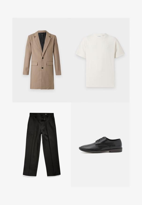 Beige ullblandet frakk med skjortekrage, lange ermer, to frontlommer og to svarte knapper. Innermaterialet er svart.; Hvit T-skjorte med kort erm i ribbestrikket tekstur. Rund hals, avslappet passform, ingen synlige mønstre eller detaljer. Enkelt og allsidig design.; Sorte bukser laget av glatt stoff. Med rette ben, knappelukking og beltehemper. Minimalistisk stil uten synlige mønstre.; Sorte skinn snørebåndssko med en glatt overflate, rund tå og en lav gummisåle. Minimalistisk design uten ekstra dekorasjoner.