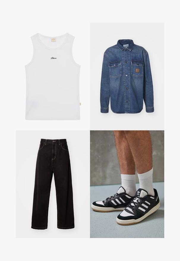 Chemise en denim à manches longues, de couleur bleu moyen, avec deux poches poitrine à boutons-pression et une patch en cuir marron sur la poche gauche.; Débardeur blanc à côtes avec un col rond et le texte "Blevis" brodé en noir sur la poitrine. Tissu doux avec un léger extensibilité.; Pantalons en denim noir à jambes larges avec des coutures contrastantes, design à cinq poches et fermeture à bouton à l'avant. Texture lisse et tissu solide.; Baskets noir et blanc avec une tige en suède et cuir, comportant trois rayures blanches, un bout perforé et une semelle en caoutchouc gum.