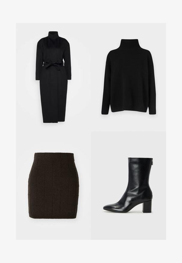 Palton lung, negru, cu mânecă lungă, realizat dintr-un material moale, având un guler înalt și un cordon la talie, cu o siluetă dreaptă și detalii de design minime.; Pulover negru tricotat, cu guler înalt cu dungi groase, umeri lăsați și croială lejeră. Are manșete și tiv cu dungi groase pentru textură.; Fustă mini tricotată de culoare maro închis, cu un model texturat, țesut și talie ajustată. Marginile sunt ribbate pentru un plus de detaliu.; Botină din piele neagră, cu vârf ascuțit și toc bloc de 4 cm. Design elegant, cu un fermoar lateral pentru o îmbrăcare ușoară. Textură netedă.