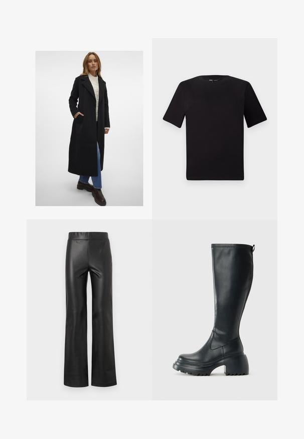 Vero Moda VMFORTUNEAYA LONG COAT - Klassikaline mantel - black; Must olema lühikeste varrukatega must t-särk ümmarguse kaelusega, valmistatud pehmest puuvillast kangast. Lihtne disain, ilma nähtavate logode või mustriteta.; Mustad musta faux nahast laienev püks, millel on sile tekstuur, kõrge püksivööline ja nähtamatud kinnitusdetailid või kaunistused. Sirge lõikega jalgade disain.; Kõrge must nahksaapad, millel on massiivne platvormi tald ja blokk-kand, varustatud tõmbenööriga ja tekstuuriga väljatõmbejääk.