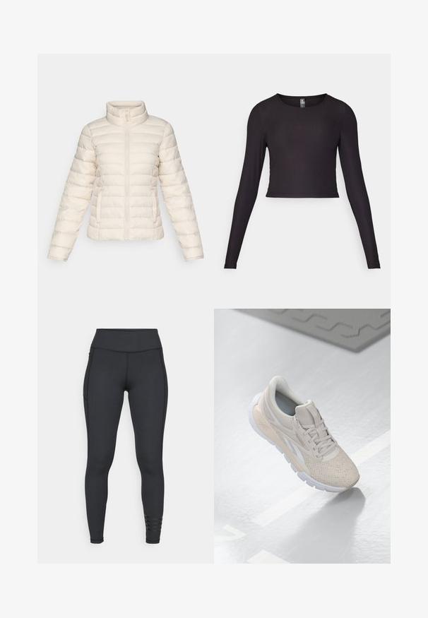 Puha bézs színű puff dzseki, vízszintes steppelt szegmensekkel, magas gallérral és elülső cipzárral. Oldalsó zsebekkel rendelkezik.; Fekete, hosszú ujjú, crop fazonú felső bordázott anyagból. Kerek nyakkivágással és testhezálló sziluettel rendelkezik, textúrázott felülettel.; Fekete leggings rugalmas anyagból, magas derékban, elegáns kialakítással és csíkos díszítéssel a bokánál.; Világos bézs színű sportcipő perforált felsőrésszel, texturált díszítéssel, párnázott nyakkal és fehér gumitalppal, amely a kényelem és a légáteresztő képesség érdekében készült.