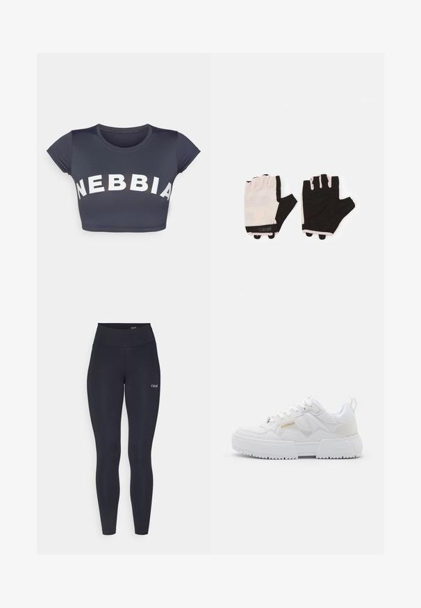 Pūkočių striukė švelnios kreminės spalvos, su horizontaliomis siuvinėtomis juostomis, aukšta apykakle ir priekyje esančia užtrauktuku. Su šoninėmis kišenėmis.; Tamsiai pilkos spalvos trumpa maikutė su trumpomis rankovėmis. Priekyje puikuojasi dideli baltos spalvos užrašai "NEBBIA". Lygus audinys, apvalus iškirptės forma.; Juodos sportinės tigės su aukštu liemeniu, pagamintos iš tamprios medžiagos, su maža balta logo ant šlaunies ir lygiu paviršiumi.; Baltos sportbačiai su masyviu dizainu, pagaminti iš odos ir sintetinių medžiagų, turintys tekstūrinį apdailą, raištelius ir ryškų auksinį logotipą.; Fitneso pirštinės su šviesiai rožiniu ir juodu dizainu, pagamintos iš kvėpuojančios medžiagos, su reguliuojamu riešo dirželiu ir tekstūruotais sukibimo akcentais.