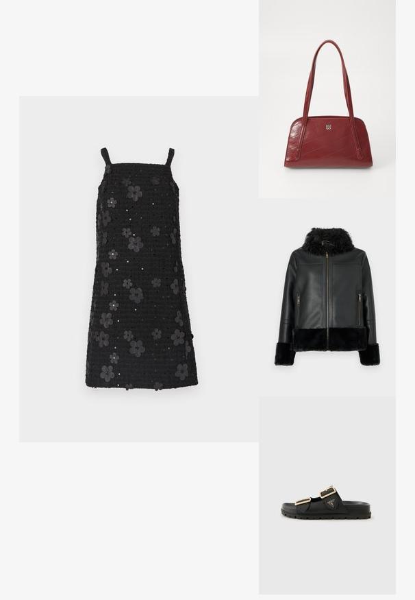 Giacca in pelle nera con colletto e polsini in ecopelliccia, dotata di chiusura con zip e due tasche frontali con zip. Superficie liscia.; Abito nero senza maniche con scollo quadrato, tessuto strutturato, decorato con applicazioni floreali nere e paillettes su tutto il design.; Infradito neri con due cinghie regolabili, fibbie in tono oro, parte superiore in gomma testurizzata e suola spessa e testurizzata. Logo mostrato sul lato.; Borsa a spalla trapuntata rossa realizzata in materiale lucido, con due manici lunghi e un'accento con logo argentato. La cucitura diagonale crea una texture.