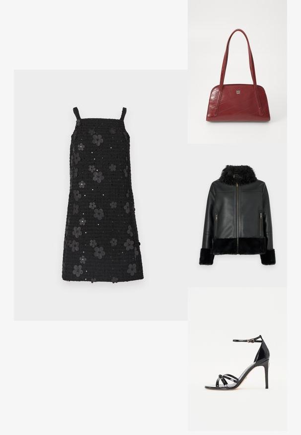 Giacca in pelle nera con colletto e polsini in ecopelliccia, dotata di chiusura con zip e due tasche frontali con zip. Superficie liscia.; Abito nero senza maniche con scollo quadrato, tessuto strutturato, decorato con applicazioni floreali nere e paillettes su tutto il design.; Sandali neri in pelle verniciata con tacco alto, dotati di più cinturini, cinturino alla caviglia, punta a punta e dettaglio in metallo color oro.; Borsa a spalla trapuntata rossa realizzata in materiale lucido, con due manici lunghi e un'accento con logo argentato. La cucitura diagonale crea una texture.