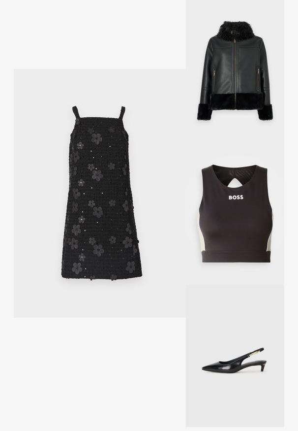 Fekete bőrdzseki műszőrme gallérral és mandzsettával, cipzáras záródással és két elülső cipzáras zsebbel. Sima felületű anyag.; Fekete sportos crop top, kulcslyuk hátul, fehér "BOSS" felirattal és bézs oldalbetétekkel. Ruganyos, sima anyagból készült.; Fekete ujjatlan ruha négyzet alakú nyakkivágással, texturált anyagból, fekete virágapplikációkkal és flitterekkel díszítve az egész mintán.; Fekete bőr slingback magassarkúk, hegyes orral, vékony sarkakkal és arany színű részlettel a állítható pánton. Simа felület.; Fényes anyagból készült, piros steppelt kézitáska, amely két hosszú fogantyúval és egy ezüst logós kiemeléssel rendelkezik. A ferde varrás textúrát kölcsönöz neki.