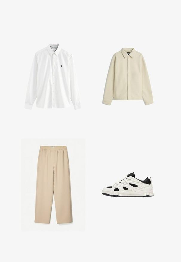 Beige skjortejakke lavet af blødt stof, med krave, knaplukning og afslappet pasform med smalle ærmer.; Hvid langærmet skjorte lavet af bomuld. Har en krave med knapper, gule knapper og et lille marineblåt hummerlogo på venstre bryst.; Beige vidde-bukser med elastisk talje, lavet af blødt stof og med en glat overflade og minimale syninger.; Hvide og sorte atletik sko med en tekstureret sål, der har udskårede designs på siderne og snørebånd, samt en polstret hæl for støtte.