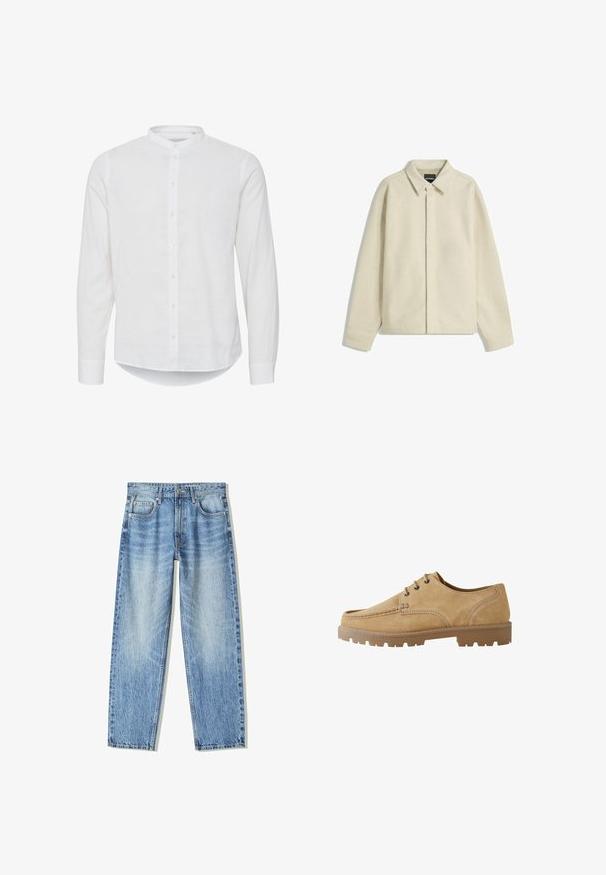 Veste en coton beige en tissu doux, avec un col, une fermeture à boutons et une coupe décontractée avec des manches fuselées.; Chemise blanche à manches longues avec un col mandarin, bouton sur le devant et un ourlet légèrement incurvé. Fabriquée en lin léger.; Jeans en denim bleu clair avec une coupe lâche, un design à jambe droite, cinq poches et une texture délavée. Comprend une fermeture à bouton et à glissière à l'avant.; Chaussure en daim beige à lacets avec un bout arrondi, des coutures contrastées et une semelle en caoutchouc épaisse présentant un motif à crampons pour une meilleure adhérence.