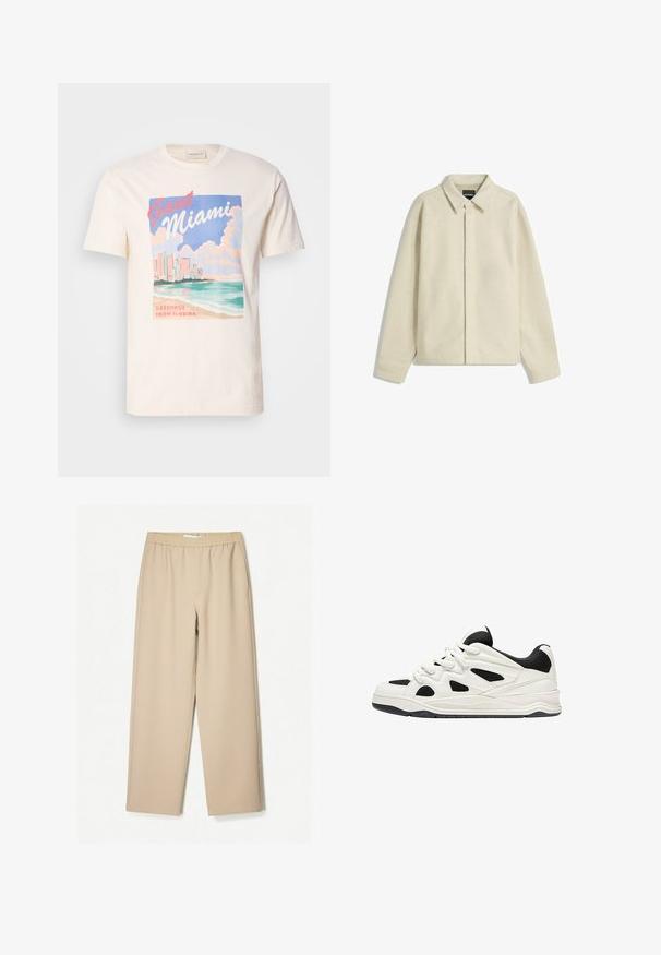 Jachetă bej dintr-un material moale, cu guler, închidere cu nasturi și croi lejer, cu mâneci tapered.; Tricou din bumbac crem, cu un imprimeu grafic al orizontului Miami, valuri și nori în culori pastelate, având textul "GANT Miami" și "Greetings From Florida".; Pantaloni bej cu croi larg, cu un brêu elastic, confecționați dintr-un material moale, având o textură netedă și detalii de cusătură minime.; Adidași albi și negri cu o talpă texturată, având desene decupate pe laterale și șireturi, și un călcâi căptușit pentru susținere.