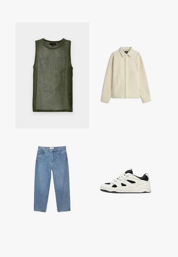 Bež košulja-jakna od mekanog materijala, s ovratnikom, zatvaranjem na gumbe i ležernim krojem s sužavajućim rukavima.; Maslinasta mrežasta majica bez rukava s okruglim izrezom i teksturiranom tkaninom koja ima uzorak mreže.; Svijetloplave traperice ravnog kroja, s pet džepova i vidljivom oznakom branda na pojasu.; Bijele i crne atletske cipele s teksturiranim đonom, s izrezanim dizajnom sa strana i pertlama, te podstavljenim stražnjim dijelom za podršku.