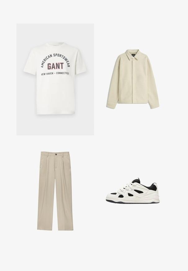 Beige shirt jacket made of soft fabric, featuring a collared neck, button closure, and relaxed fit with tapered sleeves.; White short-sleeve T-shirt with "AMERICAN SPORTSWEAR," "GANT," and "NEW HAVEN - CONNECTICUT" printed on the front in black and red letters.; Beige trousers with a straight cut, featuring a single black button, belt loops, and side pockets. Smooth fabric texture and minimal design.; White and black athletic shoes with a textured sole, featuring cut-out designs on the sides and laces, and a cushioned back for support.