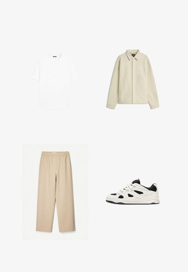 Béžová košile-jacket vyrobená z měkké látky, s límečkem, zapínáním na knoflíky a uvolněným střihem s zúženými rukávy.; Bílá bavlněná tričko s krátkými rukávy, kulatým výstřihem a rovný střih. Hladká textura bez viditelných vzorů nebo akcentů.; Beige kalhoty širokého střihu s elastickým pasem, vyrobené z měkké tkaniny, s hladkým povrchem a minimálním počtem švů.; Bílé a černé sportovní boty s texturovanou podrážkou, s výřezovými vzory na bocích a tkaničkami, a měkkým zadním dílem pro podporu.