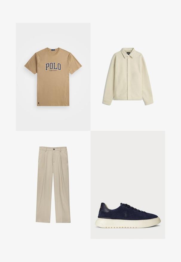 Béžová košile-jacket vyrobená z měkké látky, s límečkem, zapínáním na knoflíky a uvolněným střihem s zúženými rukávy.; Béžové tričko s krátkým rukávem, s textem "POLO Ralph Lauren" v námořnické modré a bílé na hrudi, malé logo jezdce na konci spodního lemu.; Béžové kalhoty klasického střihu, se jedním černým knoflíkem, poutky na opasek a bočními kapsami. Hladká textilie a minimalistický design.; Navy semišové nízké tenisky s texturovaným povrchem, gumovou podrážkou a tónovacími šňůrkami, s malým logem na boku a patě.