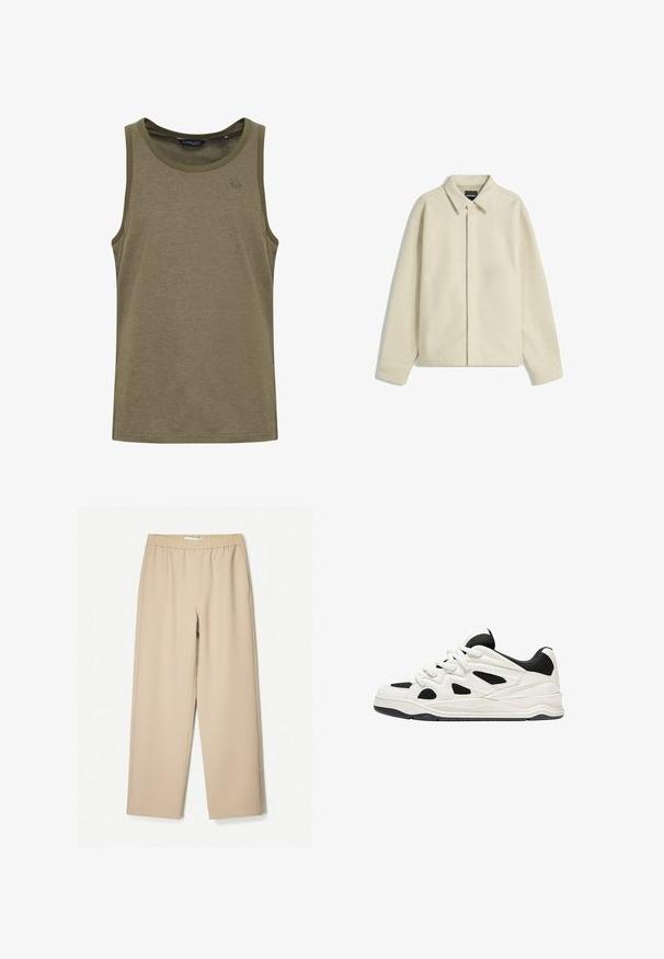 Giacca camicia beige realizzata in tessuto morbido, con colletto, chiusura a bottoni e vestibilità comoda con maniche affusolate.; Canottiera verde oliva in un tessuto morbido e traspirante. Caratterizzata da un collo rotondo e un ricamo del logo discreto sul petto.; Pantaloni a gamba larga beige con vita elastica, realizzati in tessuto morbido, caratterizzati da una texture liscia e dettagli di cucitura minimi.; Scarpe da ginnastica bianche e nere con suola testurizzata, caratterizzate da intagli sui lati e lacci, e una schiena imbottita per il supporto.