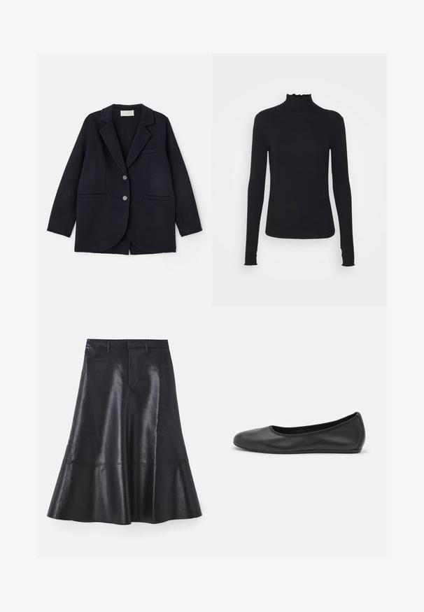 Vanessa Bruno MARC - Klasikinis paltas - marine; Juodas ilgomis rankovėmis turtleneko tipo viršus, pagamintas iš lygaus audinio, su raukšlėtu kaklu ir prigludusia siluetu, turinčiu paprastus kraštus.; Juoda odinė sijonas su platėjančiu dizainu, vidutinio ilgio, turintis glotnų paviršių ir diskretiškas siuvimo detales palei apatinį kraštą.; Juodai odiniai baletai su apvaliu pirštu, lygi texture, minimalus siuvimo detales ir lanksčiu padų dizainu.