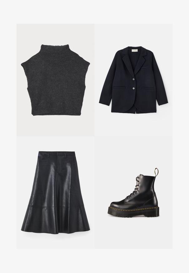 Vanessa Bruno MARC - Palton clasic - marine; Pulover scurt, de culoare gri închis, cu guler înalt, fabricat dintr-un material tricotat texturat, având mâneci scurte și un tiv drept la baza.; Fustă din piele neagră cu un design evazat, de lungime medie, având o textură fină și detalii de cusătură discrete pe margine.; Botine din piele neagră, cu șireturi, până la gleznă, cu o talpă chunky neagră și cusături galbene. Dispune de o etichetă de tragere la spate și orificii metalice circulare.