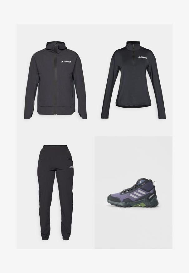 Črna jakna TERREX z zadrgo spredaj, nastavljivo kapuco, dolgimi rokavi in stranskimi žepi. Narejena iz lahkega, vodoodpornega materiala.; Črni dolg rokav s četrtinskim zadrgo in visokim ovratnikom, narejen iz gladke, lahke tkanine. Ima bel logotip "TERREX".; Črne vodoodporne hlače z elastičnim pasom, žepi na zadrgo ob straneh, zoženimi hlačnicami in rebrastimi manšetami na gležnjih. Vključujejo logotipne detajle.; Vijolične in črne pohodne čevlje s teksturirano zgornjimi deli, sivimi detajli in zelenim podplatom, z vezalkami in robustnim profilom podplata.