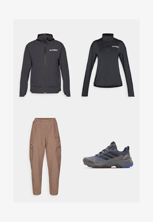Czarna kurtka TERREX z zamkiem z przodu, regulowanym kapturem, długimi rękawami i bocznymi kieszeniami. Wykonana z lekkiego, wodoodpornego materiału.; Czarna bluzka z długim rękawem i suwakiem do połowy długości, z wysokim kołnierzem, wykonana z gładkiego, lekkiego materiału. Z logo "TERREX" w białym kolorze.; Brązowe spodnie cargo z elastycznym paskiem, dwoma bocznymi kieszeniami i teksturowanym materiałem. Posiadają haftowane logo z przodu.; Szare i niebieskie buty trekkingowe z siateczkową i syntetyczną cholewką, teksturowaną podeszwą, wyraźnymi sznurowaniami oraz trzema czarnymi paskami po bokach.