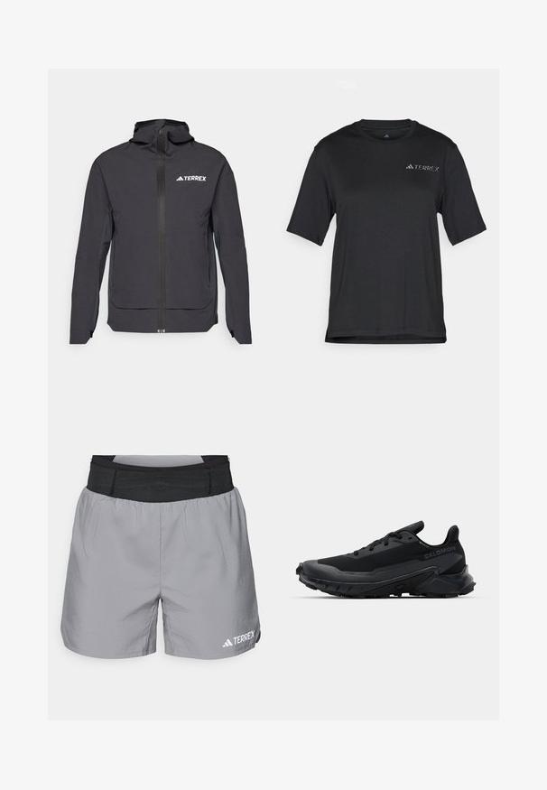 Crna TERREX jakna s patentnim zatvaračem, podesivom kapuljačom, dugim rukavima i bočnim džepovima. Izrađena od laganog, vodootpornog materijala.; Crna majica kratkih rukava izrađena od lagane tkanine. Ima okrugli izrez i mali bijeli "TERREX" logo na prsima.; Sive atletske kratke hlače s elastičnim crnim pojasom, lagani materijal, opušteni kroj i bijeli logo na donjoj desnoj strani.; Crne trkačke tenisice s teksturiranim gumenim potplatom, prozračnim gornjim materijalom i ravnim vezicama. Imaju potporan petni dio i elegantan dizajn.