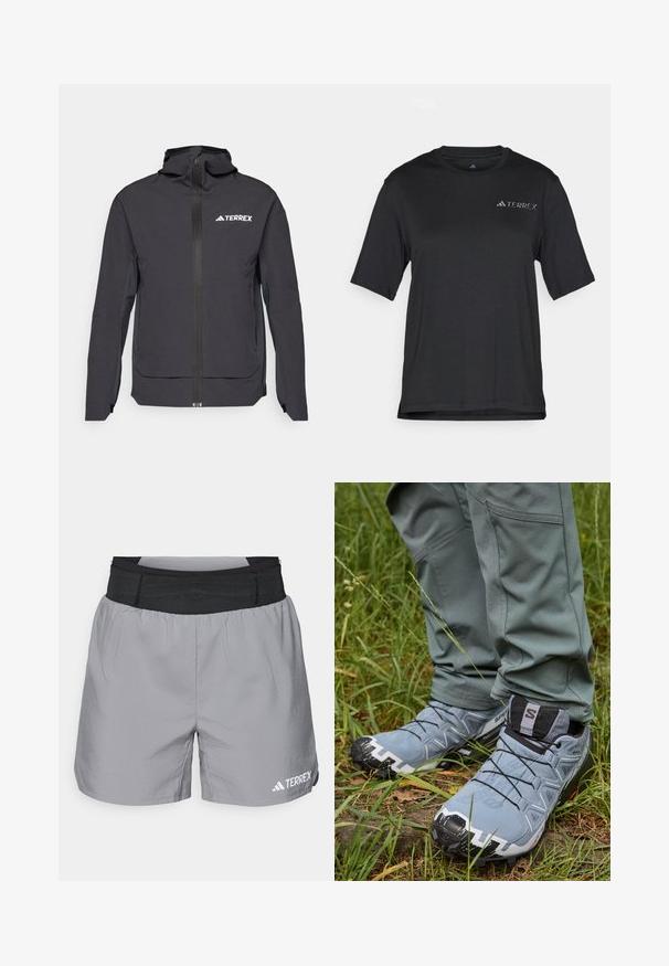 Črna jakna TERREX z zadrgo spredaj, nastavljivo kapuco, dolgimi rokavi in stranskimi žepi. Narejena iz lahkega, vodoodpornega materiala.; Črna majica s kratkimi rokavi iz lahkega materiala. Ima okroglo izrezano ovratnik in majhen bel logotip "TERREX" na prsih.; Sive kratke športne hlače z elastičnim črnim pasom, lahkotnega materiala, sproščenega kroja in belim logotipom na spodnji desni strani.; Sive trail teka z oblečeno zgornjo površino, črnimi vezalkami in trpežnim podplatom, v kombinaciji s prilegajočimi zelenimi hlačami na travnati površini.