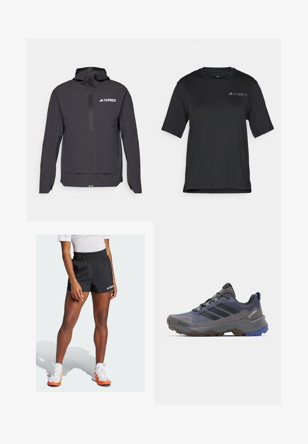 Črna jakna TERREX z zadrgo spredaj, nastavljivo kapuco, dolgimi rokavi in stranskimi žepi. Narejena iz lahkega, vodoodpornega materiala.; Črna majica s kratkimi rokavi iz lahkega materiala. Ima okroglo izrezano ovratnik in majhen bel logotip "TERREX" na prsih.; Črne atletske kratke hlače z širokim pasom, na katerih je napis "TERREX" in logotip Adidas. V kombinaciji z belimi čevlji, ki so poudarjeni z oranžno barvo.; Sive in modri pohodni čevlji z mrežastim in sintetičnim zgornjim delom, teksturiranim podplatom, izstopajočim vezanjem in tremi črnimi črtami ob strani.