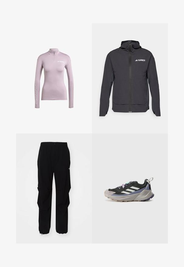 Černá bunda TERREX se zapínáním na zip, nastavitelnou kapucí, dlouhými rukávy a postranními kapsami. Vyrobena z lehkého, voděodolného materiálu.; Světle fialový dlouhý rukáv sportovní top s vysokým límcem, disponující polovičním zipem a potiskem loga "TERREX" na přední straně a rukávu. Hladký materiál.; Černé venkovní kalhoty vyrobené z odolného materiálu, se uvolněným střihem, elastickým pasem a staženými manžetami pro nastavitelné délky.; Černá sportovní bota s Gore-Tex svrchním materiálem, bílými pruhy, fialovými akcenty, silnou šedou mezipodešví a texturovanou šedou podešví pro lepší přilnavost.
