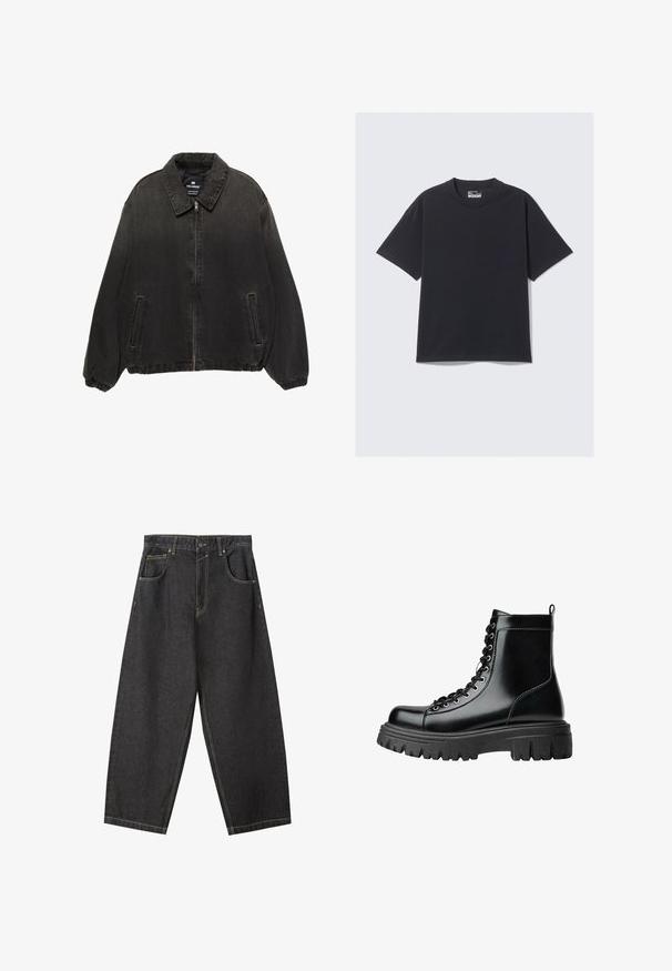 Jachetă din denim negru cu guler, fermoar frontal, manșete elastice și buzunare laterale. Prezintă o textură ușor decolorată cu cusături în contrast.; Tricou negru din bumbac, cu guler clasic, mâneci scurte și o croială lejeră. Textură netedă, cu detalii minime de cusătură.; Pantaloni largi din denim negru cu cusături galbene, design cu cinci buzunare și talie medie. Material texturat cu o finisare netedă.; Ghete negre din piele pentru gleznă, cu talpă masivă, vârf rotund și șireturi frontale. Prezintă o buclă în spate și o finisare netedă.