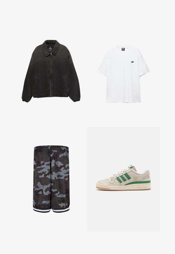 Jachetă din denim negru cu guler, fermoar frontal, manșete elastice și buzunare laterale. Prezintă o textură ușor decolorată cu cusături în contrast.; Tricou alb din bumbac, cu mâneci scurte, gât rotund și un mic logo negru pe piept. Textură netedă și croială lejeră.; Șorturi de camuflaj cu o textură din plasă, predominant gri cu accente verzi închise, talie elastică și detalii cu dungi albe la tiv.; Tenisi Adidas cu un superior din piele bej, dungi verzi și o talpă din cauciuc. Caracteristici include o guler căptușit și un vârf perforat pentru ventilație.