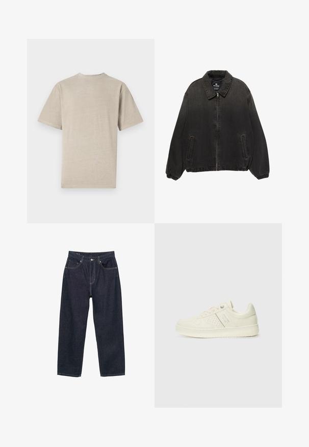 Giubbotto in denim nero con colletto, chiusura a zip frontale, polsini elasticizzati e tasche laterali. Presenta una texture leggermente sbiadita con cuciture a contrasto.; T-shirt a maniche corte di colore beige chiaro con colletto girocollo, realizzato in tessuto morbido, con una texture liscia e un design semplice senza grafiche.; Jeans in denim blu scuro con vestibilità morbida, dotati di cinque tasche, cuciture gialle a contrasto e chiusura con bottone sul davanti.; Sneaker color crema con dettagli perforati, lacci e logo sul lato, esposta su uno sfondo bianco semplice.