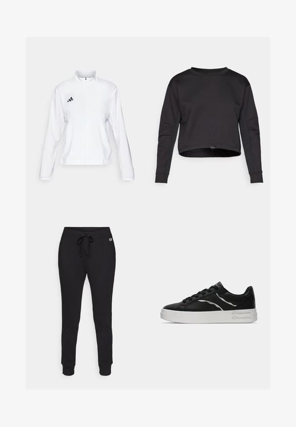 adidas Performance ADIZERO ESSENTIALS - Running jacket - white; Black sweatshirt with a cropped design, long sleeves, round neck, and side panel accents. Made of soft, stretchy material. Adjustable hem drawstring.; Black jogger pants made of soft fabric, featuring an adjustable drawstring waistband and ribbed cuffs for a snug fit. Logos on the side.; Black leather sneaker with white sole, featuring thin silver accents and lace-up design. Smooth texture with branded detailing on the heel.
