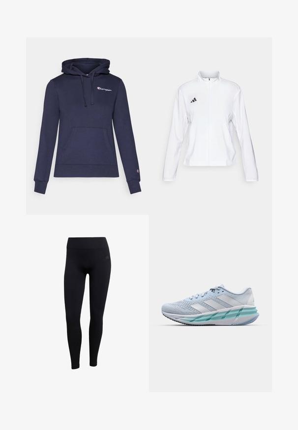 adidas Performance ADIZERO ESSENTIALS - Běžecká bunda - white; Námořnická modrá mikina s klokankou, se stahovací kapucí a logem Champion v kontrastní bílé barvě. Vyrobena z měkké, texturované látky.; Černé sportovní legíny vyrobené z elastického materiálu, s vysokým pasem, přiléhavým střihem a ribovanými manžetami na kotnících. Discrete logo značky.; Světlomodré sportovní boty s texturovaným pleteným svrškem, bílými akcenty a průhledným zeleným mezipodešví. Oválná špička a polstrovaný límec.