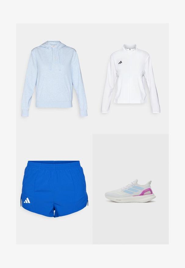 adidas Performance ADIZERO ESSENTIALS - Športna jakna - white; Svetlo modra kapuca z mehkimi teksturami, z kengurujskim žepom, vrvico na kapuco in izvezenim logotipom na prsih.; Modre atletske kratke hlače z elastikastim pasom, z belim Adidasovim logotipom na levi strani in stranskimi razporki za boljšo gibljivost.; adidas Performance PUREBOOST 5 - Tekaški copati za cesto - white/glow blue/purple burst