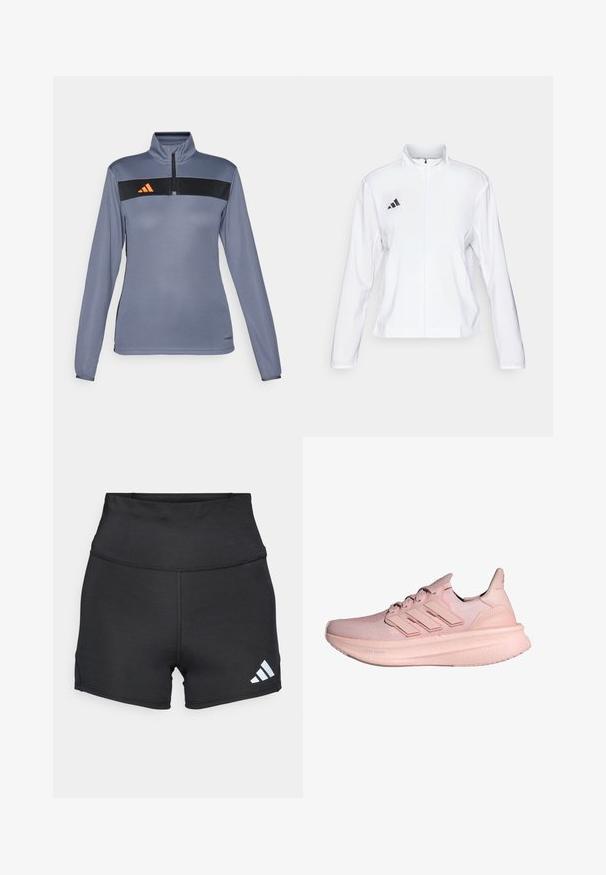 adidas Performance ADIZERO ESSENTIALS - Løpejakke - white; Lys grå langermet treningsgenser med halvlukket krage, med en svart horisontal stripe og oransje logo på brystet. Glatt stofftekstur.; adidas Performance Tights - black; Rosa joggesko med strikket overdel, tre-stripes design og en tykk, polstret såle merket "Light Boost." Strukturert overflate på overdelen.