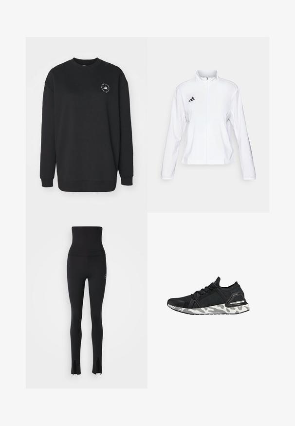 adidas Performance ADIZERO ESSENTIALS - Chaqueta de running - white; Sudadera negra de tela suave, con cuello redondo y mangas largas. Presenta un diseño de logo blanco en la parte delantera.; adidas by Stella McCartney Leggings - black; Zapatilla deportiva negra con un upper de tela texturizada, puntera de goma y suela blanca con patrones. Cuenta con un sistema de lazado seguro y un talón que ofrece soporte.