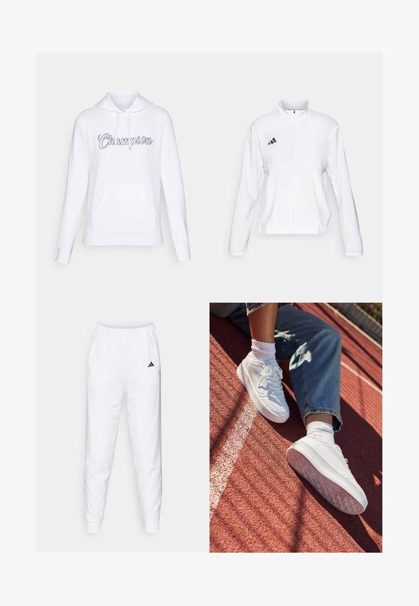 adidas Performance ADIZERO ESSENTIALS - Jachetă sport - white; Hanorac alb din material moale, cu o buzunar frontal și glugă cu șnur. Logo-ul "Champion" scris de mână pe piept.; Pantaloni atletici albi cu talie elastică și manșete. Au buzunare laterale și un mic logo negru pe coapsa stângă. Finisaj dintr-un material neted.; Adidași din piele albă cu vârf perforat, șireturi plate și talpă din cauciuc. Purtați cu șosete albe și blugi albaștri deschiși, pe o pistă de alergare roșie.