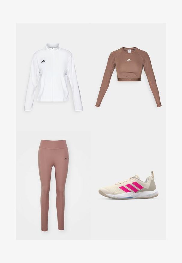 adidas Performance ADIZERO ESSENTIALS - Running jacket - white; Brown long-sleeve crop top made of smooth, stretchy fabric. Features a rounded neckline and a contrasting white logo on the chest.; Pink athletic leggings made of stretchy fabric. High waist design with a smooth texture and a small black logo on the left hip.; Beige athletic shoe with pink three-stripe logo, textured mesh upper, padded collar, and white rubber sole, featuring "LIGHTSTRIKE" branding.