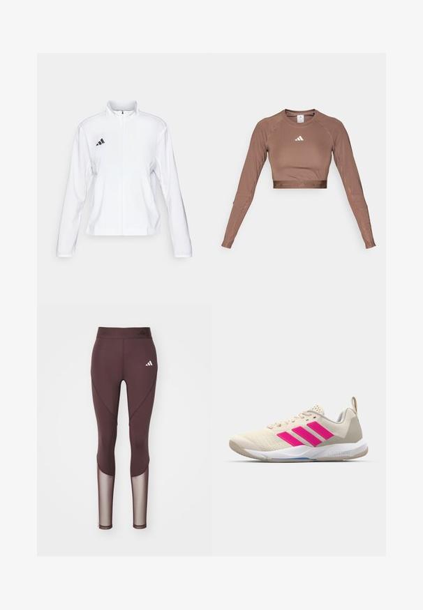adidas Performance ADIZERO ESSENTIALS - Running jacket - white; Brown long-sleeve crop top made of smooth, stretchy fabric. Features a rounded neckline and a contrasting white logo on the chest.; Maroon athletic leggings with mesh panels, fitted design, and elastic waistband. Features white logo on the left thigh and seam detailing.; Beige athletic shoe with pink three-stripe logo, textured mesh upper, padded collar, and white rubber sole, featuring "LIGHTSTRIKE" branding.