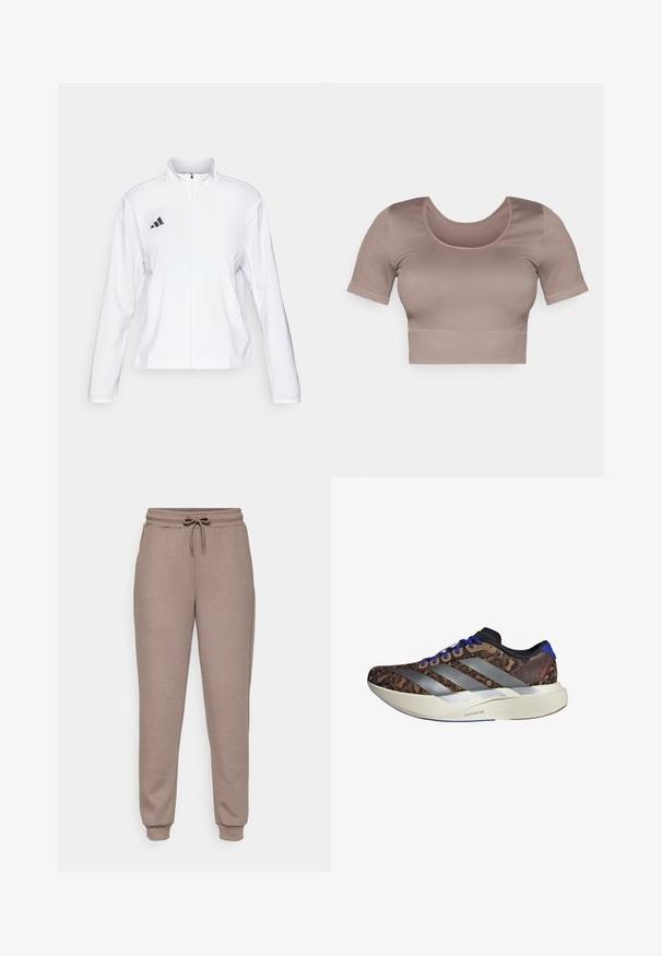 adidas Performance ADIZERO ESSENTIALS - Športna jakna - white; Mauve kratka majica s kratkimi rokavi, s krožnim izrezom in teksturirano rebrasto tkanino. Preprost dizajn brez vzorcev ali okrasnih elementov.; ONLY Play ONPLOUNGE LIFE REG NOOS - Spodnji deli trenirk - brown; Tekstilni škornji za tek z zgornjim delom v rjavem leopardjem vzorcu, srebrnimi črtami, modrimi detajli in belim srednjim slojem, označenim z "LIGHTSTRIKE PRO." Lahka zasnova.