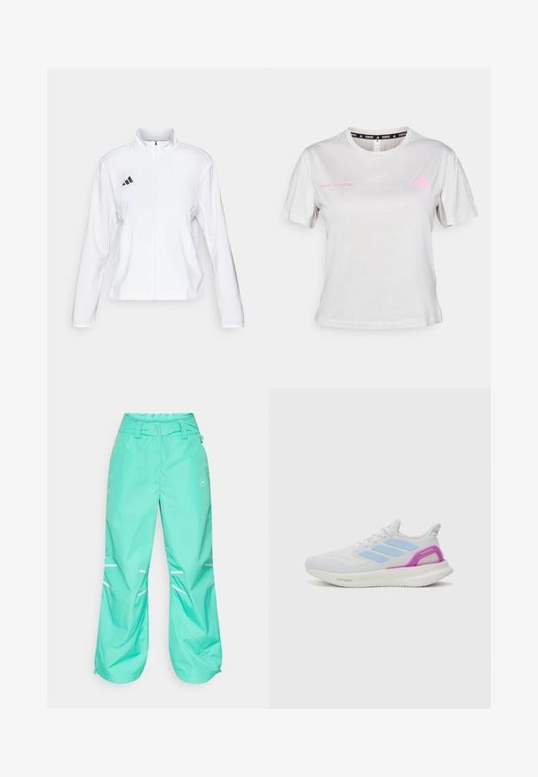adidas Performance ADIZERO ESSENTIALS - Running jacket - white; Light grey short-sleeve T-shirt featuring a round neck, "ADIDAS RUNNING" printed in pink, with pink Adidas logo on the chest. Soft fabric texture.; Turquoise waterproof pants with a relaxed fit, adjustable waistband, reflective stripes, and zippered hems for added functionality.; adidas Performance PUREBOOST 5 - Road running shoes - white/glow blue/purple burst