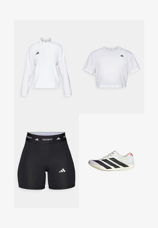 adidas Performance ADIZERO ESSENTIALS - Løpejakke - white; Hvit kortermet t-skjorte laget av mykt stoff, med korte ermer og rund hals. Svart logo på venstre bryst.; Svart shorts laget av elastisk stoff med en tettsittende design. Har en bred svart midjebånd merket "TECHFIT" og en hvit logo på benet.; Hvit løpesko med svarte striper, teksturert mesh-overdel, flat såle og reflekterende detaljer. Har et strømlinjeformet design og snøring.