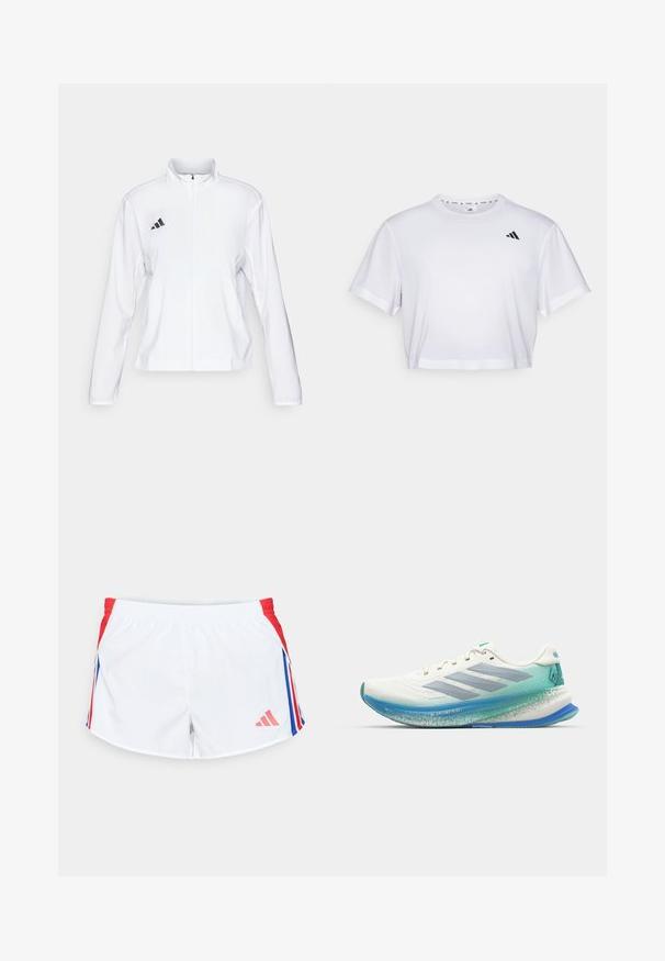 adidas Performance ADIZERO ESSENTIALS - Striukė bėgimui - white; Balta trumpa marškinėliai, pagaminti iš švelnios medžiagos, su trumpomis rankovėmis ir apvaliu iškirpimu. Juodas logotipas kairėje krūtinės pusėje.; Baltos sportinės šortai su raudonomis šoninėmis juostelėmis, turinčiomis mėlynas juosteles. Elastinga juosmens juosta ir logotipas apatinėje kairėje pusėje. Lygi audinio tekstūra.; Balti bėgimo batai su kvėpuojančiu tinkleliu, šviesiai mėlynu tarpuose ir žaliai mėlynomis detalėmis. Išskirtinis dizainas ir tekstūruotas padas.