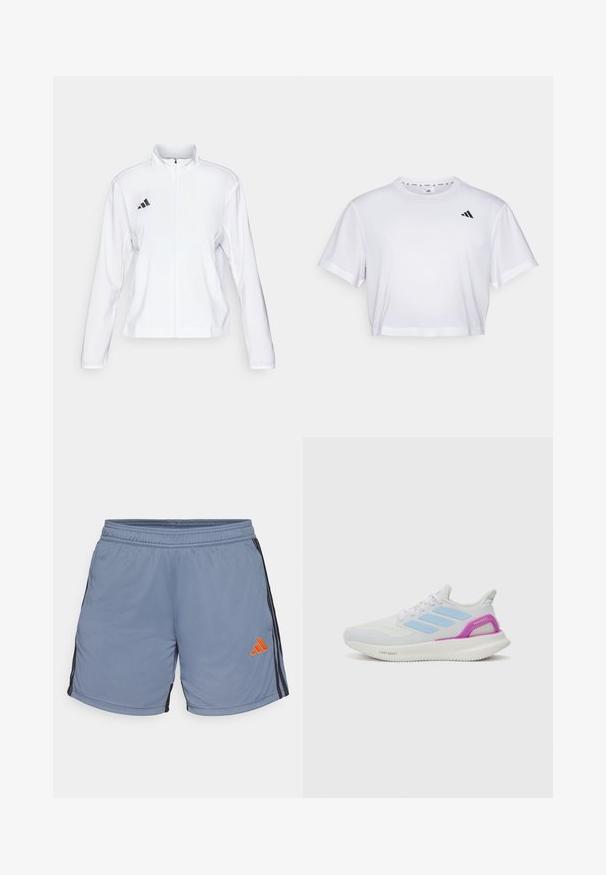 adidas Performance ADIZERO ESSENTIALS - Bežecká bunda - white; Biely skrátený tričko vyrobené z mäkkého materiálu, s krátkymi rukávmi a okrúhlym výstrihom. Čierne logo na ľavej hrudi.; Svetloblúzové športové šortky s elastickým pásom, čiernymi bočnými pruhmi a oranžovým logom adidas na dolnej ľavej strane.; adidas Performance PUREBOOST 5 - Cestná bežecká obuv - white/glow blue/purple burst
