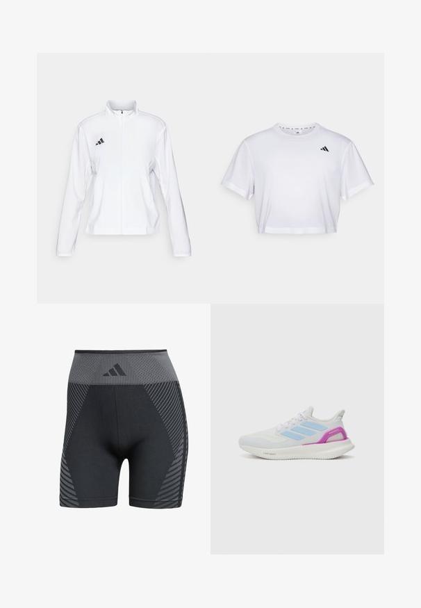 adidas Performance ADIZERO ESSENTIALS - Běžecká bunda - white; Bílý zkrácený tričko vyrobené z měkké látky, s krátkými rukávy a kulatým výstřihem. Černé logo na levé hrudi.; Černé sportovní šortky s vysokým pasem a síťovanou texturou, s šedými geometrickými vzory a logem na pásku, vyrobené z flexibilního materiálu.; adidas Performance PUREBOOST 5 - Silniční běžecké boty - white/glow blue/purple burst