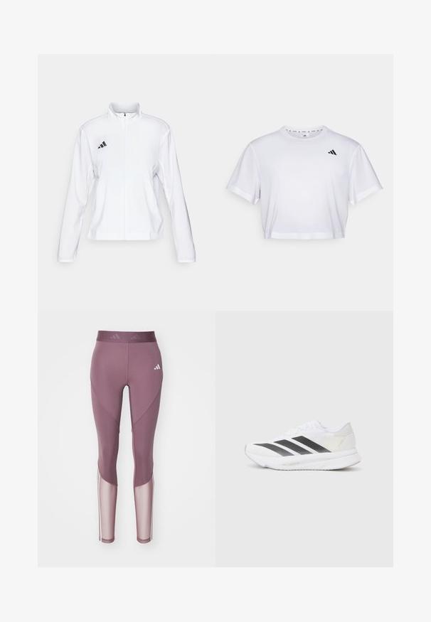 adidas Performance ADIZERO ESSENTIALS - Running jacket - white; White cropped t-shirt made from soft fabric, featuring short sleeves and a round neckline. Black logo on the left chest.; adidas Performance Leggings - shadow fig/white; White athletic shoe with black diagonal stripes, mesh upper, rounded toe, and textured sole. Accents include a silver heel and minimalistic design.
