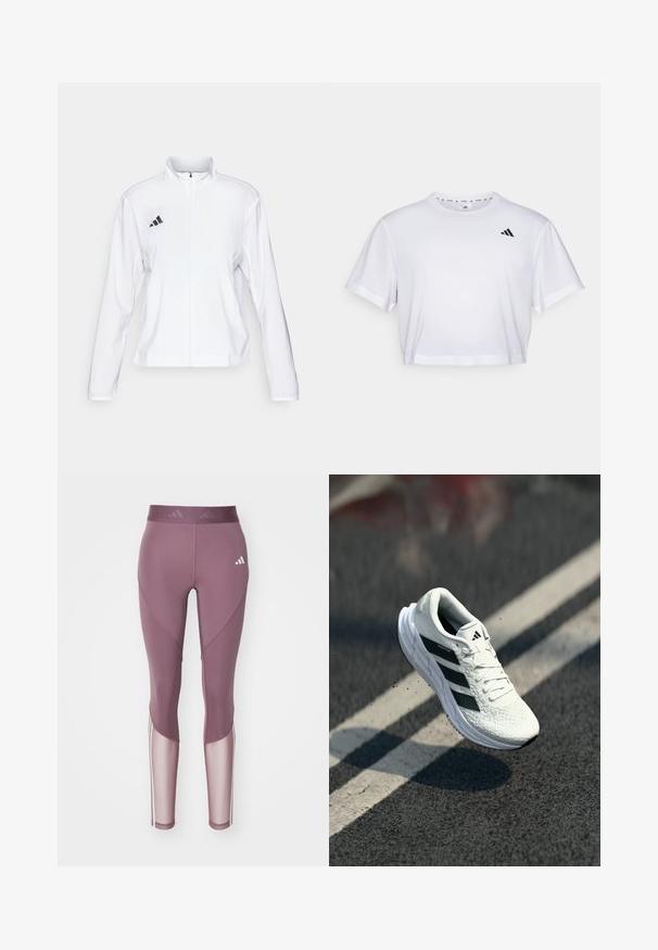 adidas Performance ADIZERO ESSENTIALS - Športna jakna - white; Bela skrajšana majica iz mehkega blaga, z kratkimi rokavi in okroglim izrezom. Črn logotip na levem prsou.; adidas Performance Pajkice - shadow fig/white; Bela tekaška čeveljca z strukturirano zgornjim delom, črnimi tremi črtami, oblazinjeni ovratnik in lahko podplatom, postavljena v zraku nad cesto.