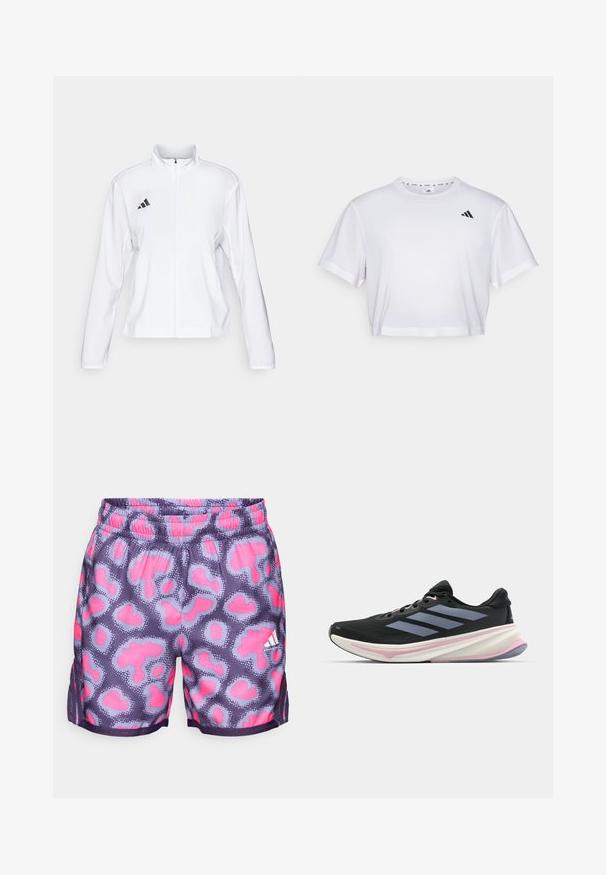 adidas Performance ADIZERO ESSENTIALS - Runningjack - white; Witte cropped t-shirt gemaakt van zachte stof, met korte mouwen en een ronde hals. Zwart logo op de linkerborst.; Paarse shorts met een roze en lichtblauwe stippenpatroon, elastische tailleband en zijsplitten voor ventilatie. Bevat een klein wit logo-detail.; Zwarte hardloopschoen met een bovenwerk van mesh, lichtpaarse accenten en drie horizontale grijze strepen. Beschikt over een gevoerde zool voor comfort.