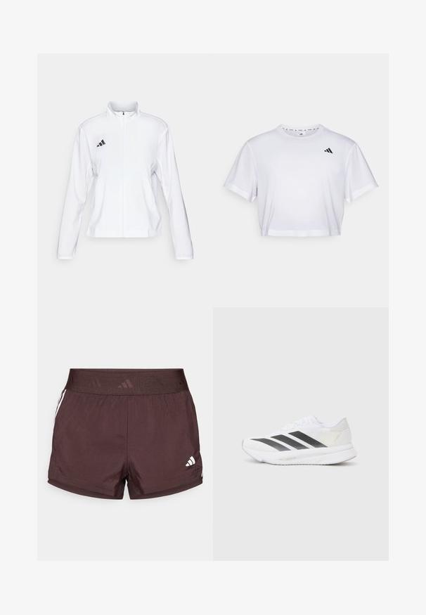 adidas Performance ADIZERO ESSENTIALS - Športna jakna - white; Bela skrajšana majica iz mehkega blaga, z kratkimi rokavi in okroglim izrezom. Črn logotip na levem prsou.; Rjave atletske kratke hlače z teksturiranim elastičnim pasom, ki imajo bele stranske črte in majhen logo na spodnjem desnem robu.; Bela atletska čevlja z črnimi diagonali, mrežastim zgornjim delom, zaobljenim nosom in teksturirano podplatom. Dodatki vključujejo srebrno peto in minimalističen dizajn.