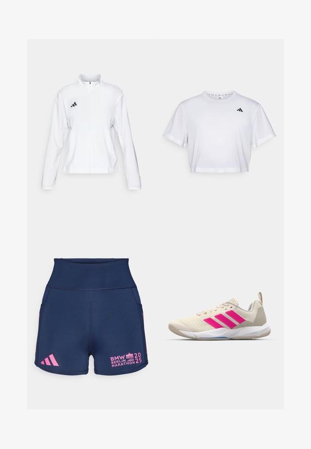 adidas Performance ADIZERO ESSENTIALS - Löparjacka - white; Vit kortärmad t-shirt i mjukt material, med rund halsringning. Svart logotyp på vänster bröst.; adidas Performance BER25 SHORT THIGHTS - Korta löptajts - collegiate navy; Beige idrottssko med rosa tre-stripes logotyp, texturerad meshöverdel, vadderad krage och vit gummisula, med "LIGHTSTRIKE"-branding.